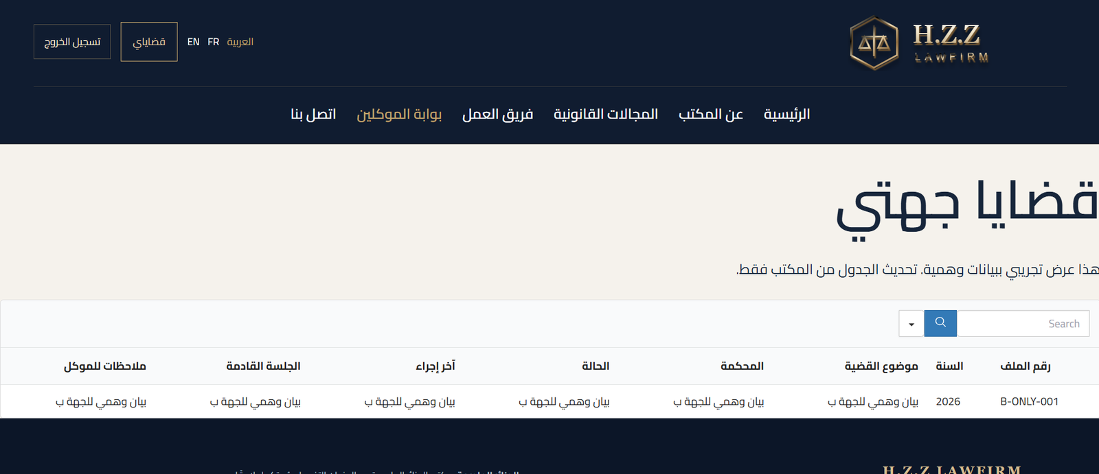 Screenshot of the site using fictional test data. Each account sees its own organisation’s table.
